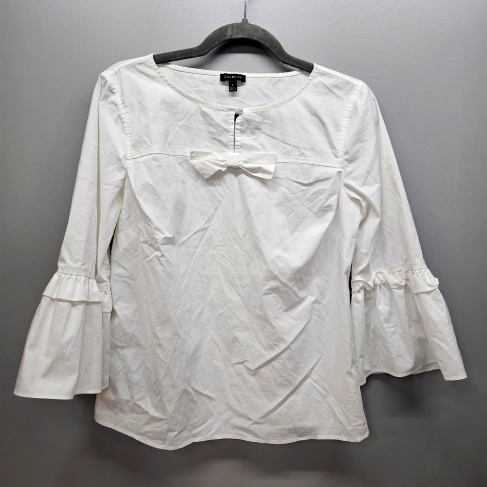 TALBOTS Womens White Blouse with Bow Puff Sleeve Size Small Preppy